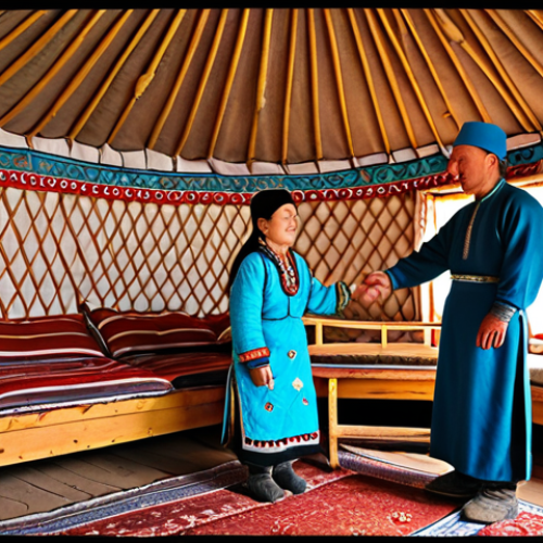 A warm and respectful Kazakh family greeting a guest in their traditional yurt. The scene should capture the hospitality and cultural significance of greetings in Kazakhstan, with emphasis on the phrase "Salemetsiz Be?" being exchanged. Include traditional Kazakh clothing and décor.