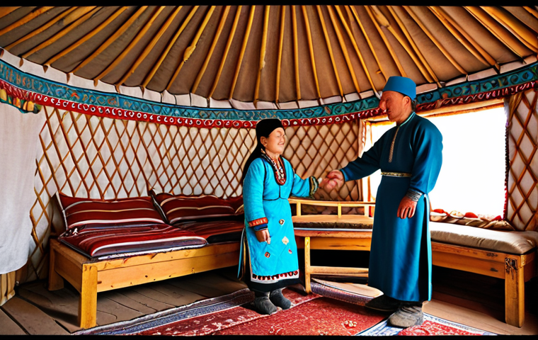 A warm and respectful Kazakh family greeting a guest in their traditional yurt. The scene should capture the hospitality and cultural significance of greetings in Kazakhstan, with emphasis on the phrase "Salemetsiz Be?" being exchanged. Include traditional Kazakh clothing and décor.